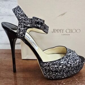 Jimmy Choo Linda Silver Glitter Platform Sandals Peep Toe Heels Size 40